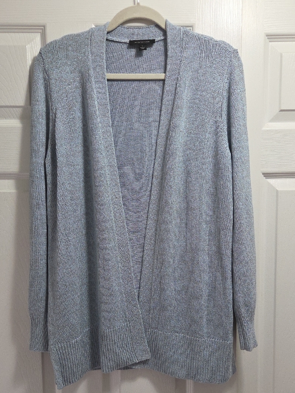 Ann Taylor Heathered Light Blue Open-Front Knit Cardigan